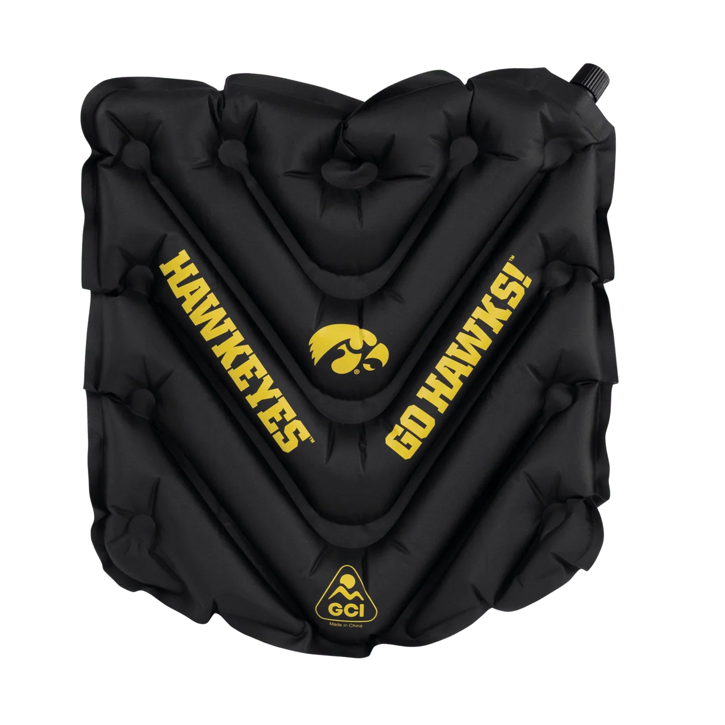 Front angle of V Seat with Iowa Hawkeyes print.