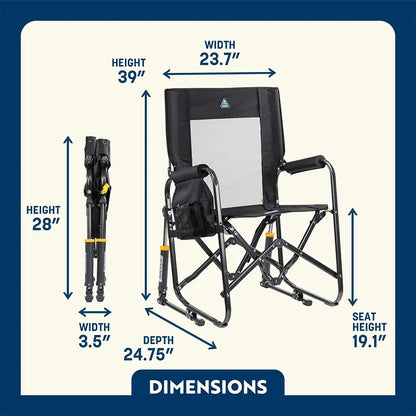 Dimensions of the black stowaway rocker chair. 