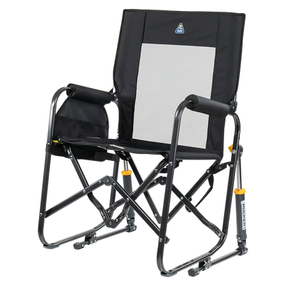 The front left side angle of the Black Stowaway Rocker. 
