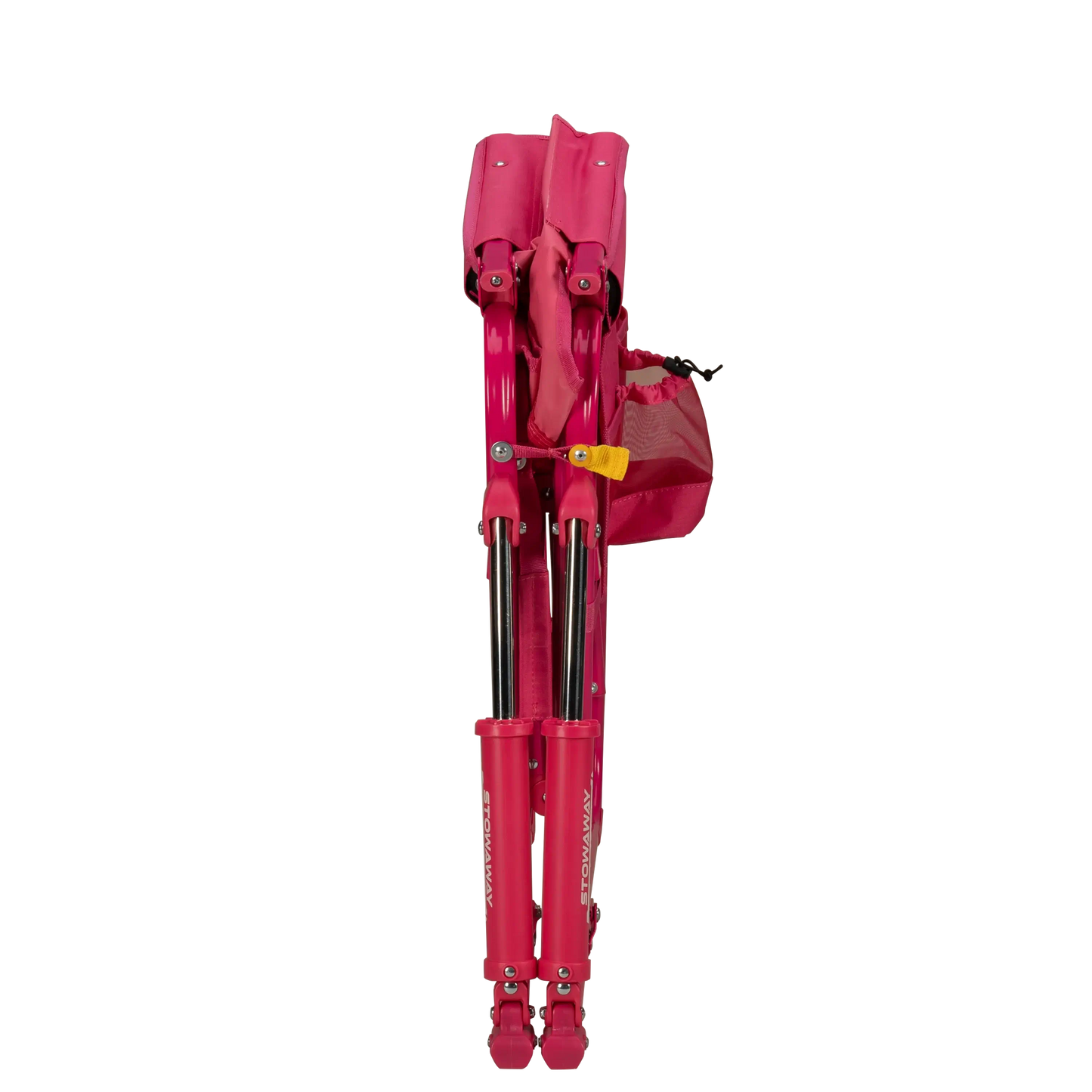 A portable pink rocking chair with a gray seat and armrests, folded and ready for outdoor use - Top Folded View