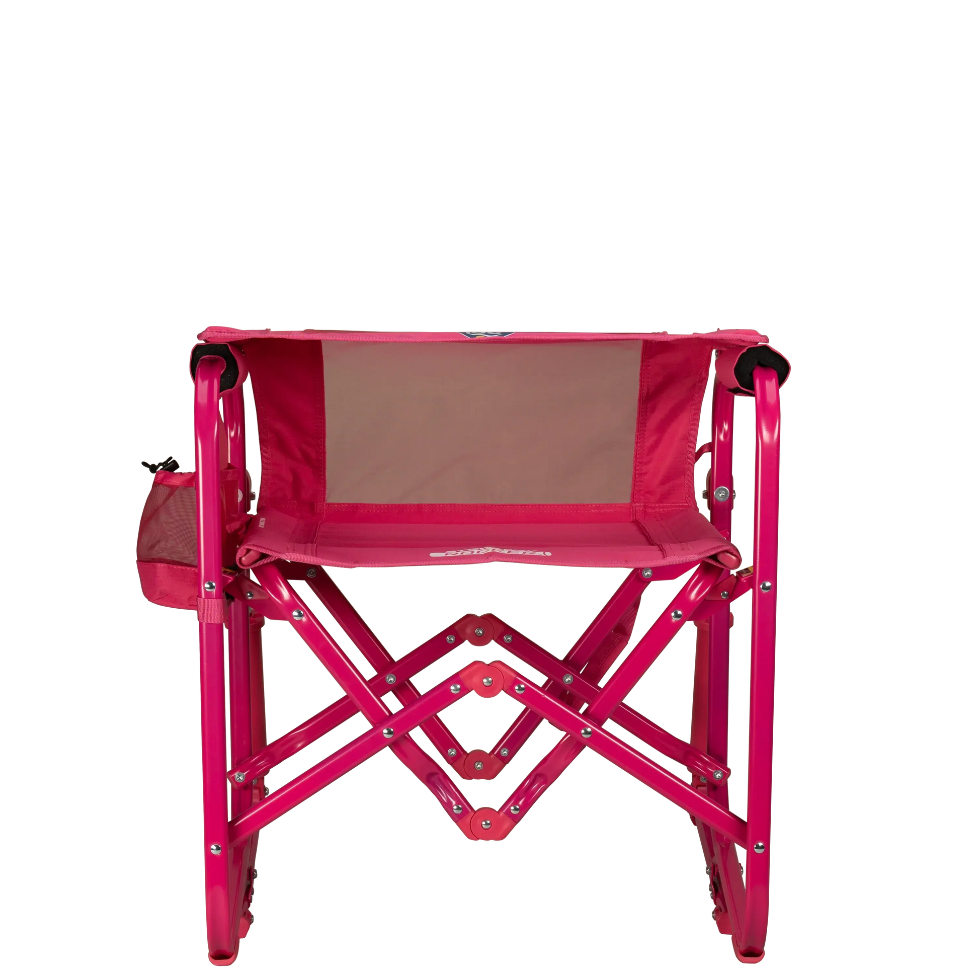 A portable pink rocking chair with a gray seat and armrests, folded and ready for outdoor use - Top View