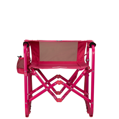 A portable pink rocking chair with a gray seat and armrests, folded and ready for outdoor use - Top View