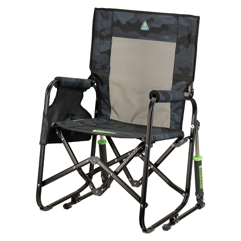 The front left side angle of the Stealth Camo Stowaway Rocker. 