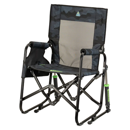 The front left side angle of the Stealth Camo Stowaway Rocker. 