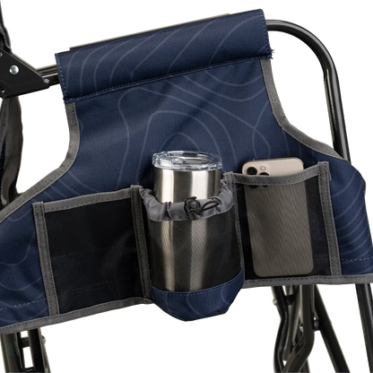 The side caddy of the Navy Topo Stowaway Rocker showing the phone holder and cup holder. 