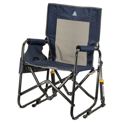 The front left side angle of the Navy Topo Stowaway Rocker. 