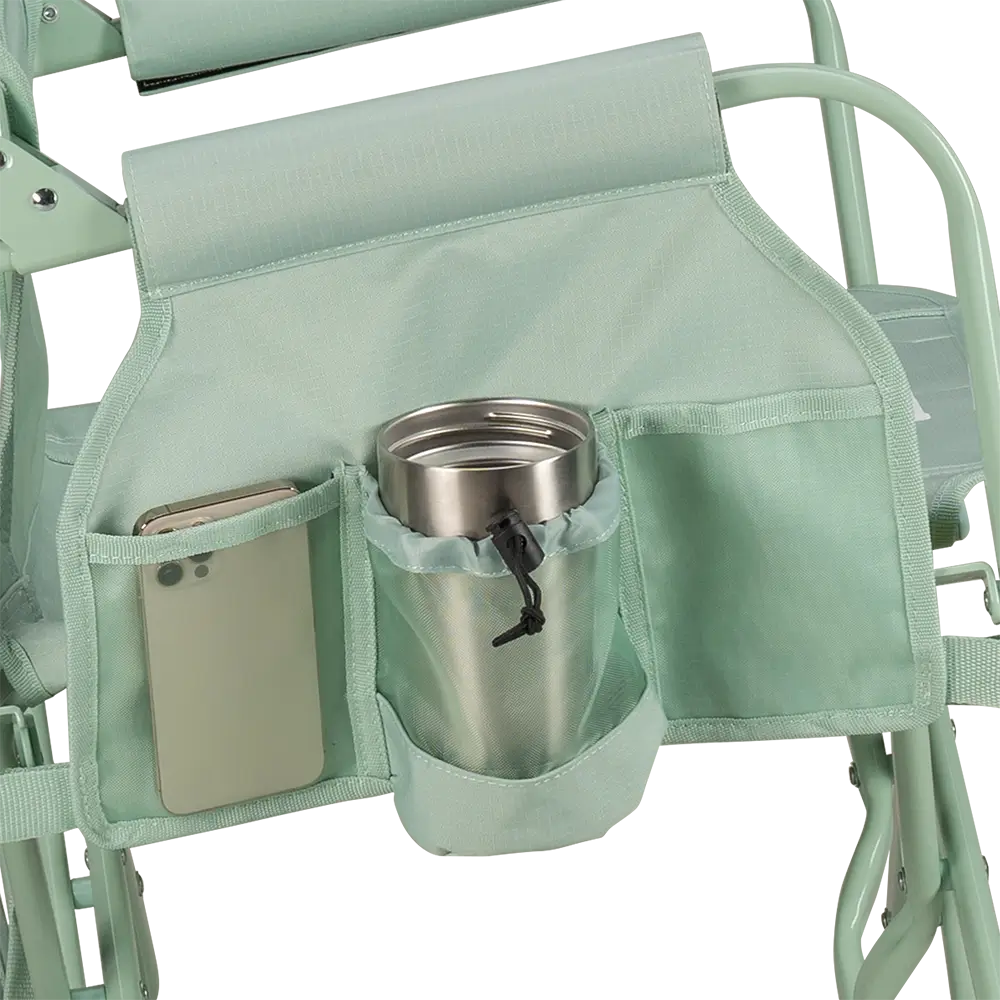 The side caddy of the Pastel Green Stowaway Rocker showing the phone holder and cup holder. 