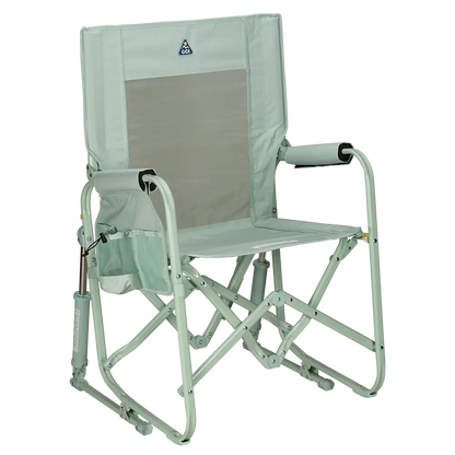 The front right side angle of the Pastel Green Stowaway Rocker. 