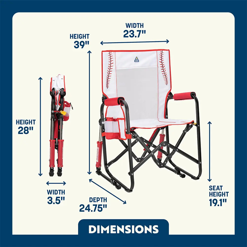 Stowaway Rocker shown open and folded, with compact frame, mesh panel, and labeled seat and chair dimensions.