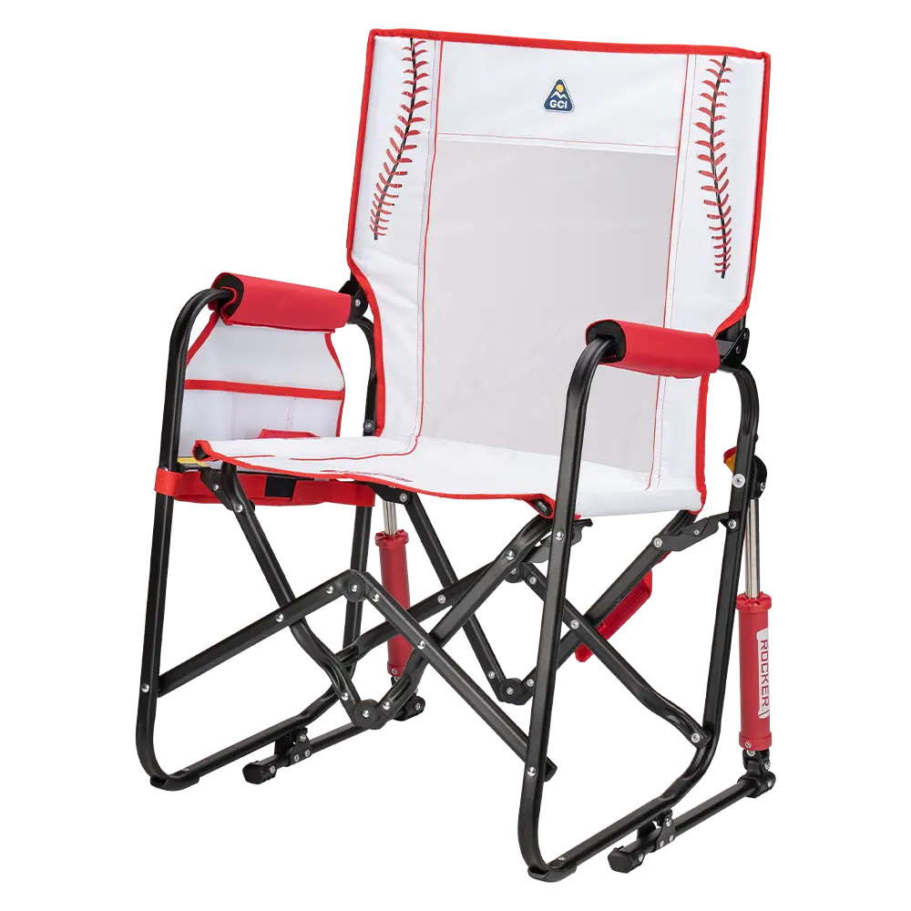 Front left side angle of the Baseball Stowaway Rocker. 