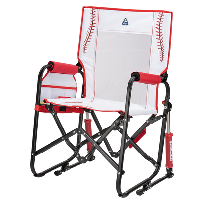 Front left side angle of the Baseball Stowaway Rocker. 