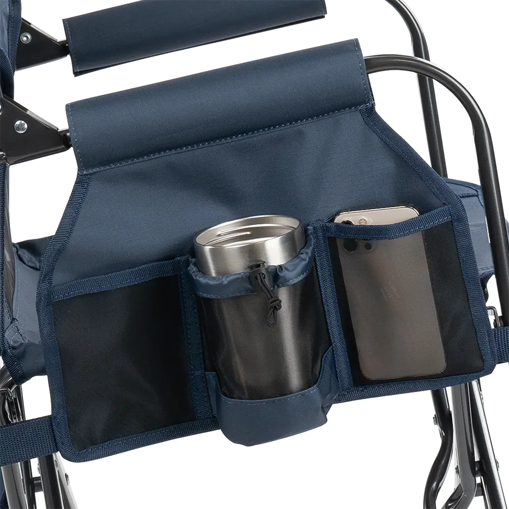 The side caddy of the Denim Stowaway Rocker showing the phone holder and cup holder. 