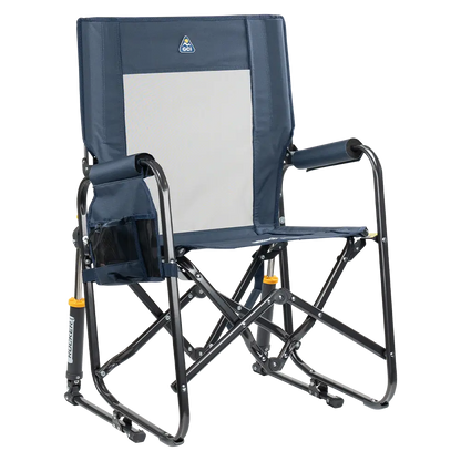 The front right side angle of the Denim Stowaway Rocker. 