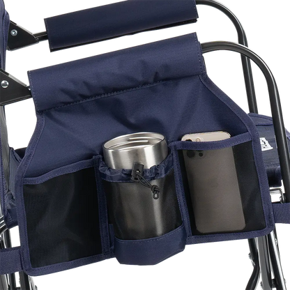 The side caddy of the Tailgater Rich Blue Stowaway Rocker showing the phone holder and cup holder. 