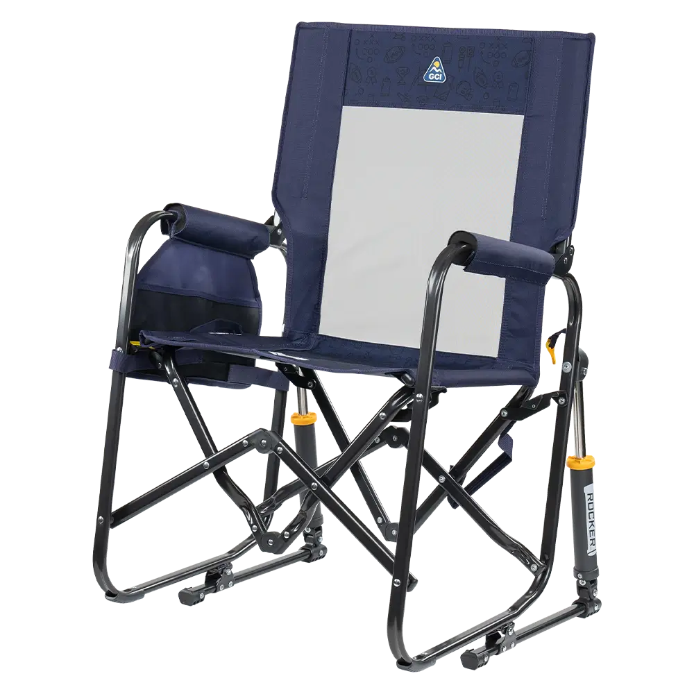 The front left side angle of the Tailgater Rich Blue Stowaway Rocker. 