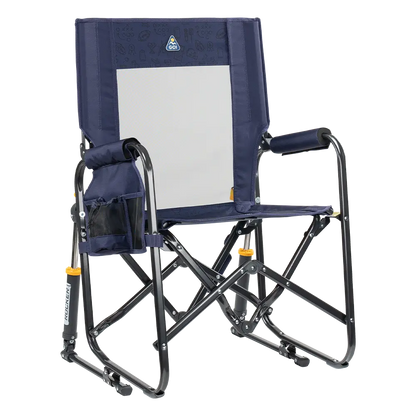 The front right side angle of the Tailgater Rich Blue Stowaway Rocker. 