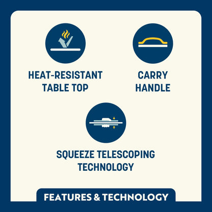 Feature callout for the Compact Camp Table showing heat-resistant tabletop, carry handle, and squeeze telescoping leg technology.