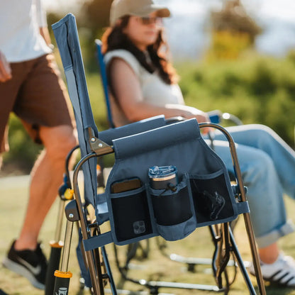 Side pocket caddy of denim stowaway rocker. 