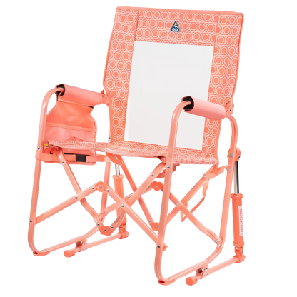 The front left side angle of the Coral Mosaic Stowaway Rocker.