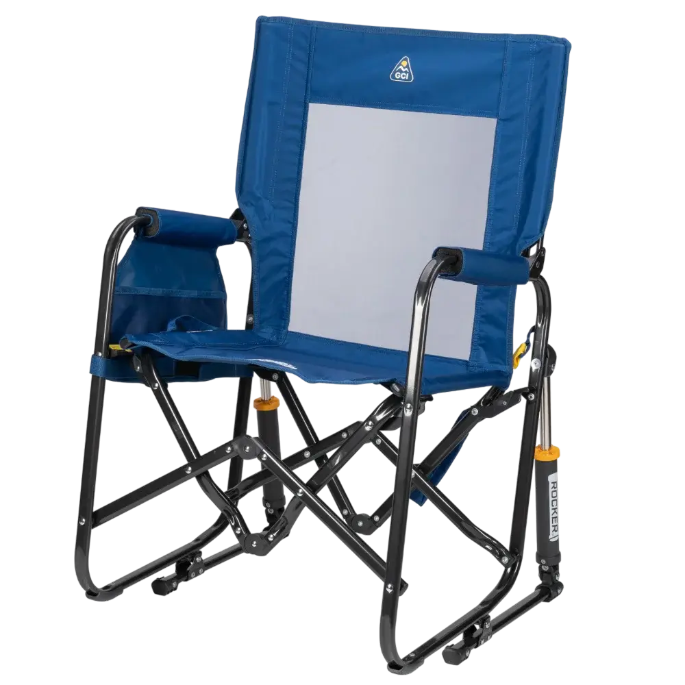 The front left side angle of the Soft Navy Stowaway Rocker. 